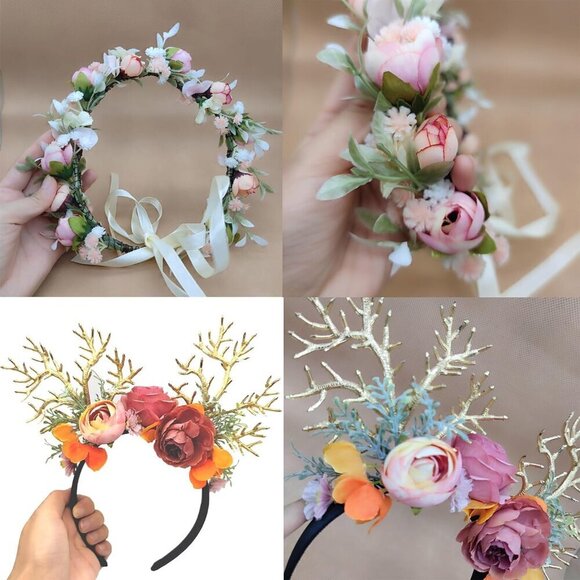 Women Costume Floral Deer Antlers Crown Headband Reindeer Hair Accessory main image 5